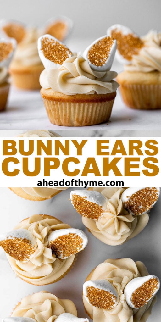 Get festive with these cute bunny ears Easter cupcakes. Buttercream frosting and marshmallows make these vanilla cupcakes extra sweet and delicious. | aheadofthyme.com
