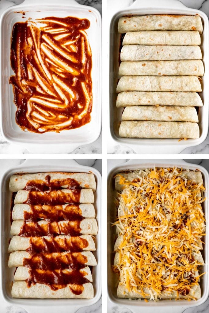 Easy baked chicken enchiladas brings the taste of authentic Mexican food into your kitchen -- saucy, spicy, and savoury. Perfect for a Mexican fiesta. | aheadofthyme.com