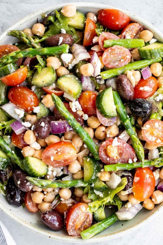 Chopped asparagus salad with lemon vinaigrette is the easiest and best spring salad ever - colourful, vibrant, flavourful, light, and crunchy. | aheadofthyme.com