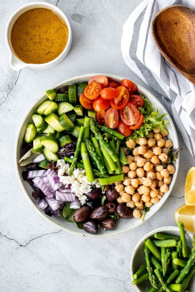 Chopped asparagus salad with lemon vinaigrette is the easiest and best spring salad ever - colourful, vibrant, flavourful, light, and crunchy. | aheadofthyme.com