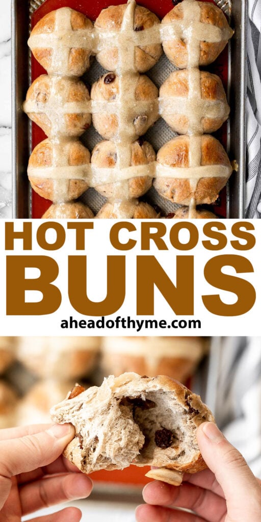 Hot cross buns is a timeless classic Easter bread made with raisins, cinnamon, and a honey glaze. They are perfect for breakfast, a snack or dessert. | aheadofthyme.com