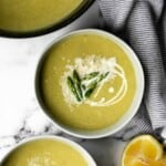 Lemon asparagus soup with parmesan is the perfect spring soup -- smooth, light, fresh, and flavourful. It's customizable and can be served hot or cold. | aheadofthyme.com