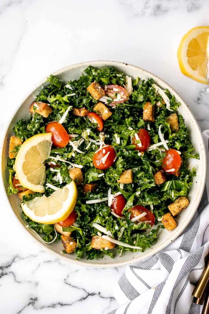 Lemon kale salad is a simple, flavorful, and healthy meal that’s thrown together in just minutes with fresh ingredients. The perfect quick lunch or dinner. | aheadofthyme.com