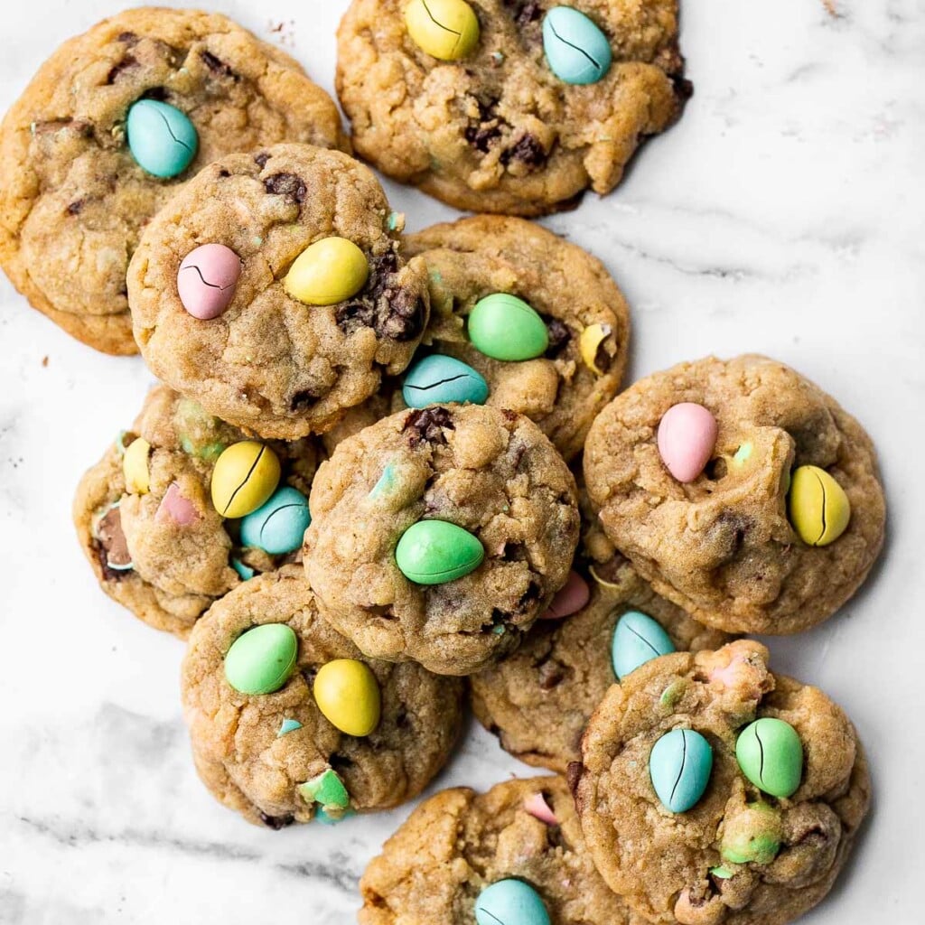 Mini egg Easter cookies are the perfect chocolate chip cookie -- crispy on the outside, and soft and chewy on the inside. Make in under 20 minutes. | aheadofthyme.com