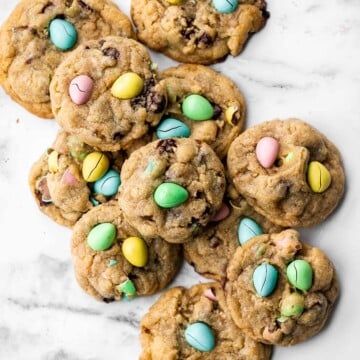 Mini egg Easter cookies are the perfect chocolate chip cookie -- crispy on the outside, and soft and chewy on the inside. Make in under 20 minutes. | aheadofthyme.com