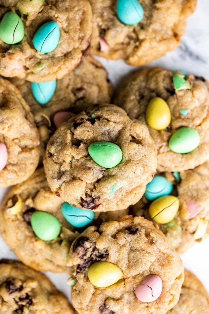 Mini egg Easter cookies are the perfect chocolate chip cookie -- crispy on the outside, and soft and chewy on the inside. Make in under 20 minutes. | aheadofthyme.com