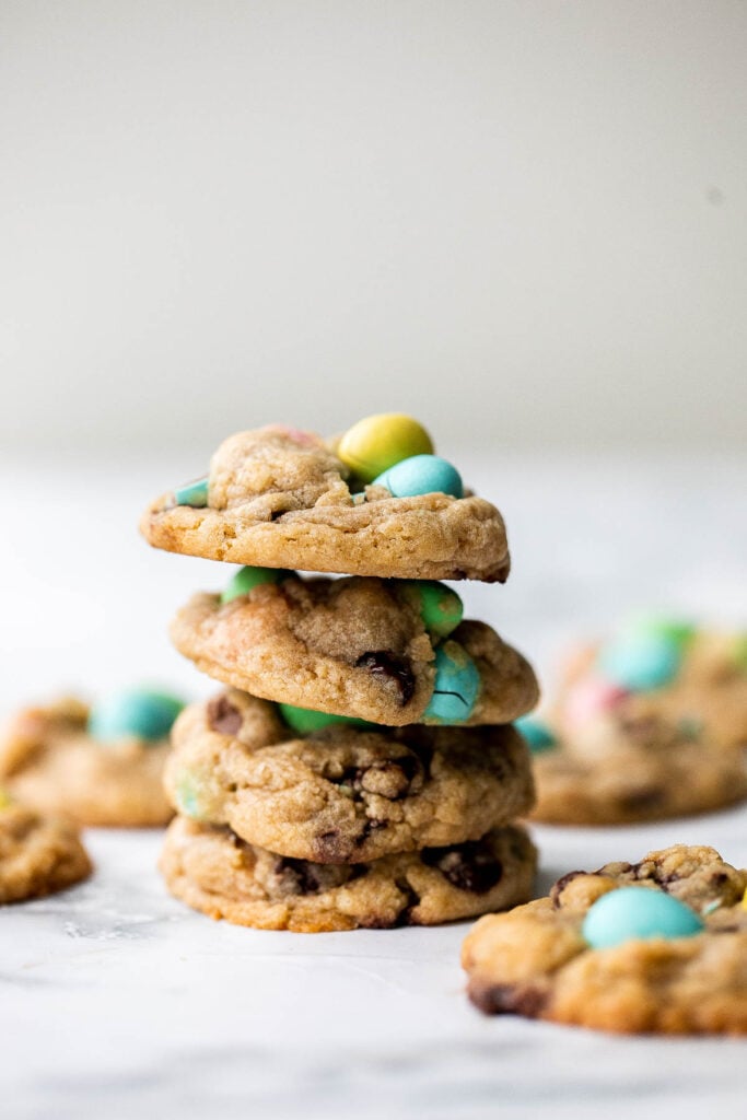 Mini egg Easter cookies are the perfect chocolate chip cookie -- crispy on the outside, and soft and chewy on the inside. Make in under 20 minutes. | aheadofthyme.com