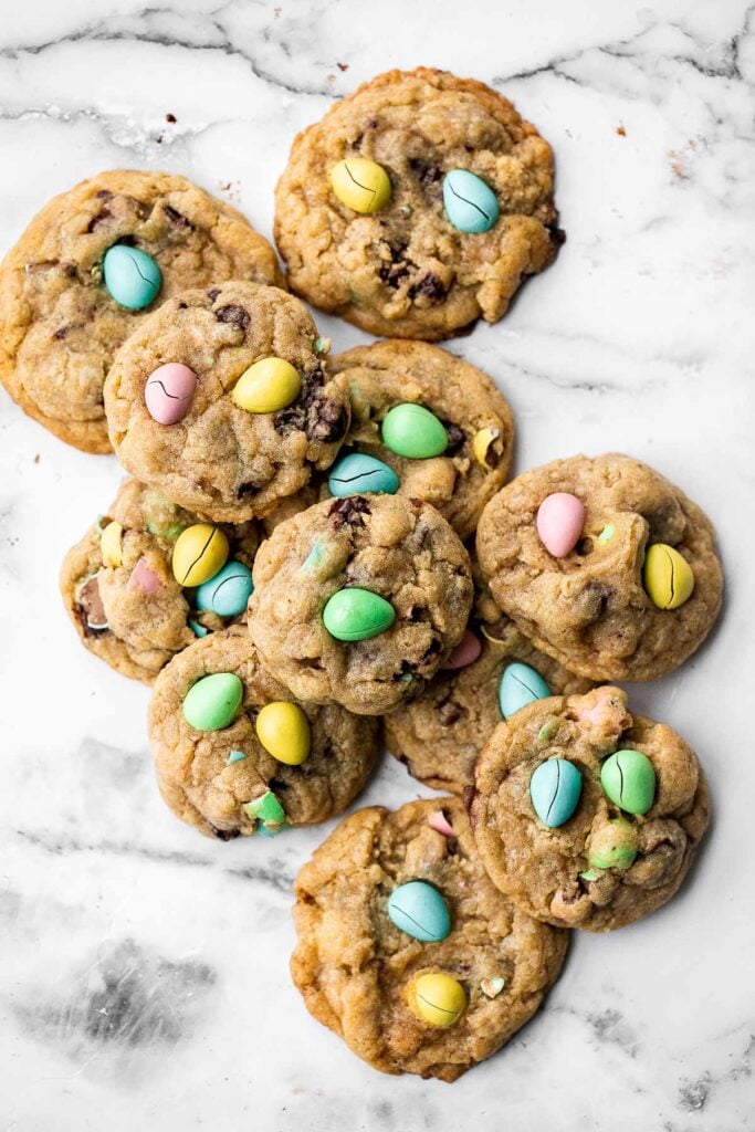 Mini egg Easter cookies are the perfect chocolate chip cookie -- crispy on the outside, and soft and chewy on the inside. Make in under 20 minutes. | aheadofthyme.com