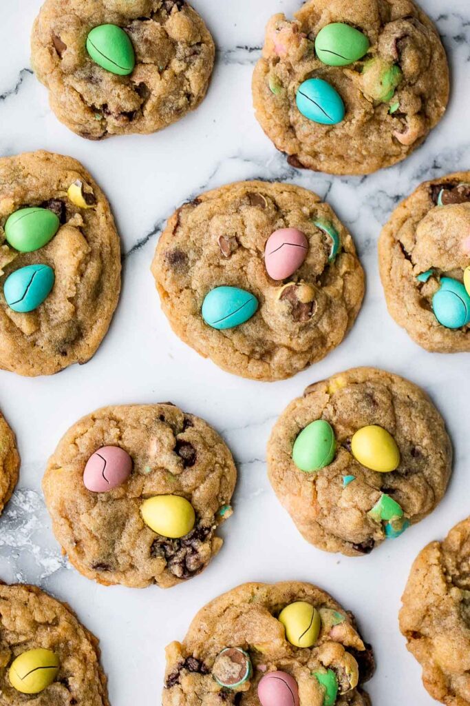 Mini egg Easter cookies are the perfect chocolate chip cookie -- crispy on the outside, and soft and chewy on the inside. Make in under 20 minutes. | aheadofthyme.com