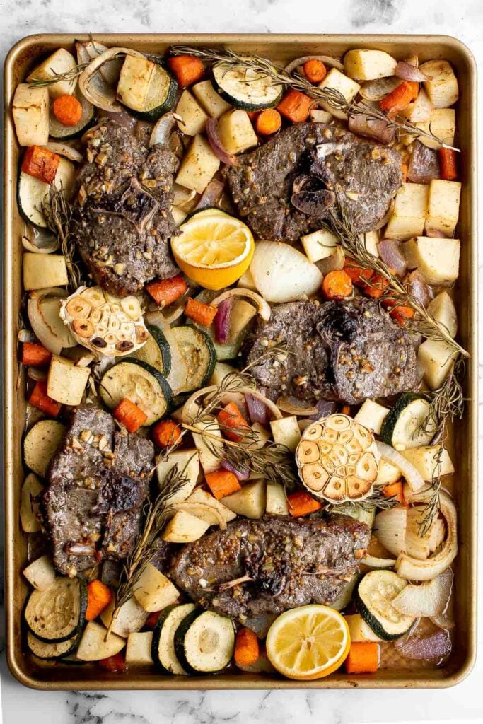 Sheet pan lamb chops with vegetables are healthy and delicious, easy to make, and easier to clean up. Perfect for busy weeknights or a holiday dinner. | aheadofthyme.com