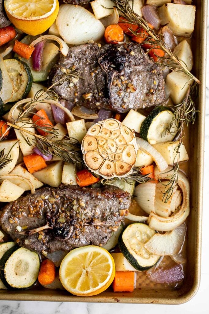 Sheet pan lamb chops with vegetables are healthy and delicious, easy to make, and easier to clean up. Perfect for busy weeknights or a holiday dinner. | aheadofthyme.com