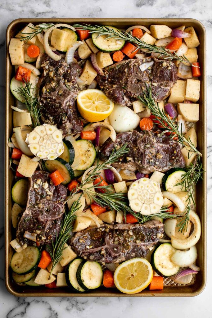 Sheet pan lamb chops with vegetables are healthy and delicious, easy to make, and easier to clean up. Perfect for busy weeknights or a holiday dinner. | aheadofthyme.com