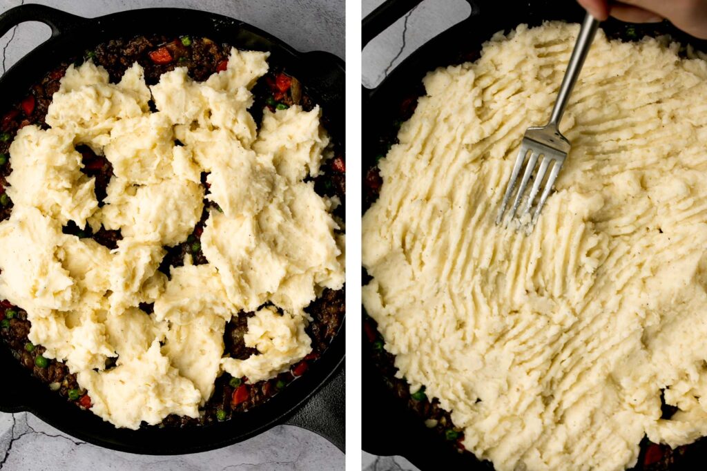 Skillet shepherd's pie is a savoury and hearty traditional comfort food. With flavourful beef and fluffy potatoes, this cozy meal it will warm you up. | aheadofthyme.com