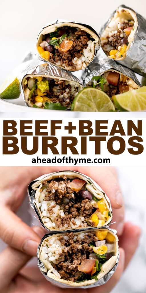 Hearty and filling beef and bean burritos are easy to make ahead, freezer-friendly, and take just 30 minutes for restaurant-quality Mexican food at home. | aheadofthyme.com