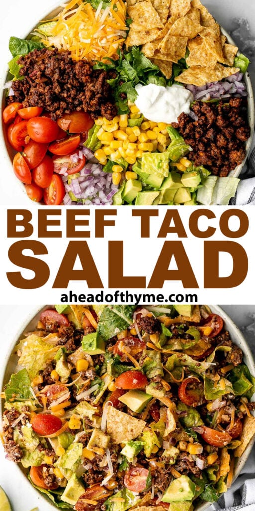 Beef taco salad is a simple, filling, and delicious meal loaded with your favorite taco fillings, and a creamy lime dressing. Make it in 20 minutes. | aheadofthyme.com