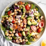 Chickpea Greek salad is a fresh, healthy, vibrant, and colorful salad, packed with traditional Mediterranean ingredients, superfoods, and nutrients. | aheadofthyme.com
