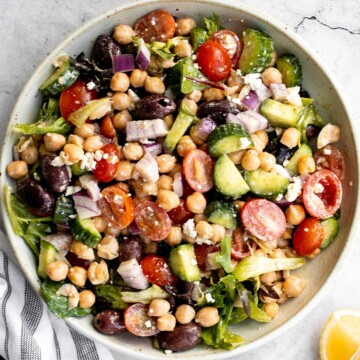 Chickpea Greek salad is a fresh, healthy, vibrant, and colorful salad, packed with traditional Mediterranean ingredients, superfoods, and nutrients. | aheadofthyme.com