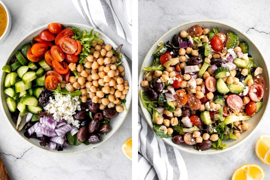 Chickpea Greek salad is a fresh, healthy, vibrant, and colorful salad, packed with traditional Mediterranean ingredients, superfoods, and nutrients. | aheadofthyme.com