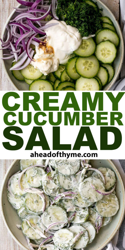 This creamy cucumber salad is the easy, refreshing snack and side dish your summer cookouts have been missing. Make it ahead with just 5 minutes prep. | aheadofthyme.com