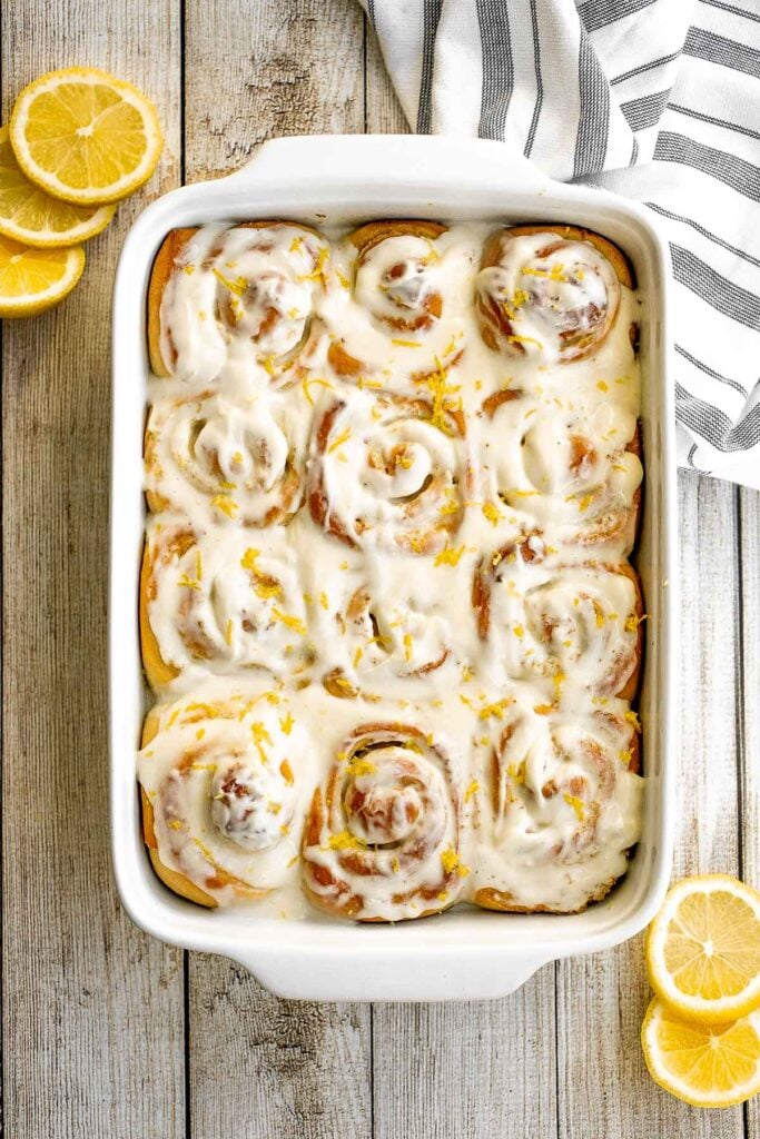 Soft and fluffy lemon sweet rolls are filled with a lemon vanilla sugar and topped with homemade lemon cream cheese icing. They're sweet, citrusy, and tart. | aheadofthyme.com