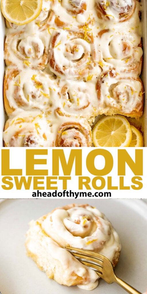 Soft and fluffy lemon sweet rolls are filled with a lemon vanilla sugar and topped with homemade lemon cream cheese icing. They're sweet, citrusy, and tart. | aheadofthyme.com