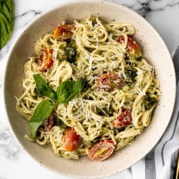 Quick and easy mascarpone pesto pasta is the tastiest creamy pasta dish you’ll ever make in under 15 minutes. It's the best weeknight dinner. | aheadofthyme.com