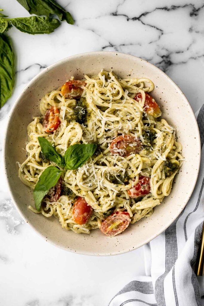 Quick and easy mascarpone pesto pasta is the tastiest creamy pasta dish you’ll ever make in under 15 minutes. It's the best weeknight dinner. | aheadofthyme.com