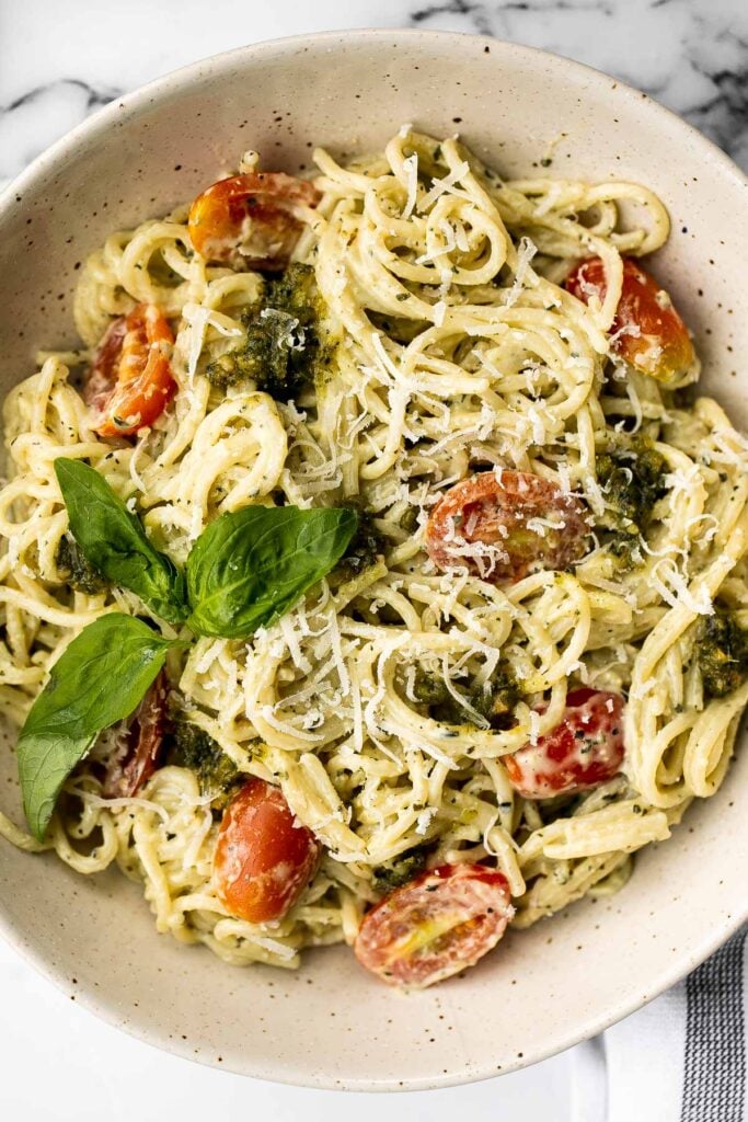 Quick and easy mascarpone pesto pasta is the tastiest creamy pasta dish you’ll ever make in under 15 minutes. It's the best weeknight dinner. | aheadofthyme.com