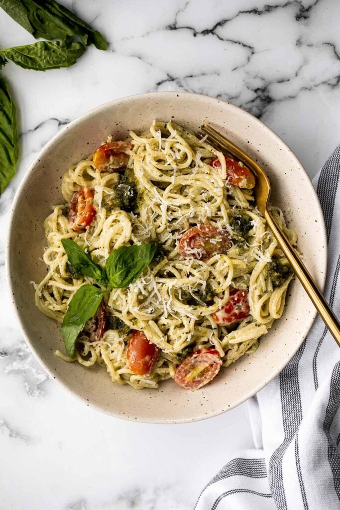 Quick and easy mascarpone pesto pasta is the tastiest creamy pasta dish you’ll ever make in under 15 minutes. It's the best weeknight dinner. | aheadofthyme.com