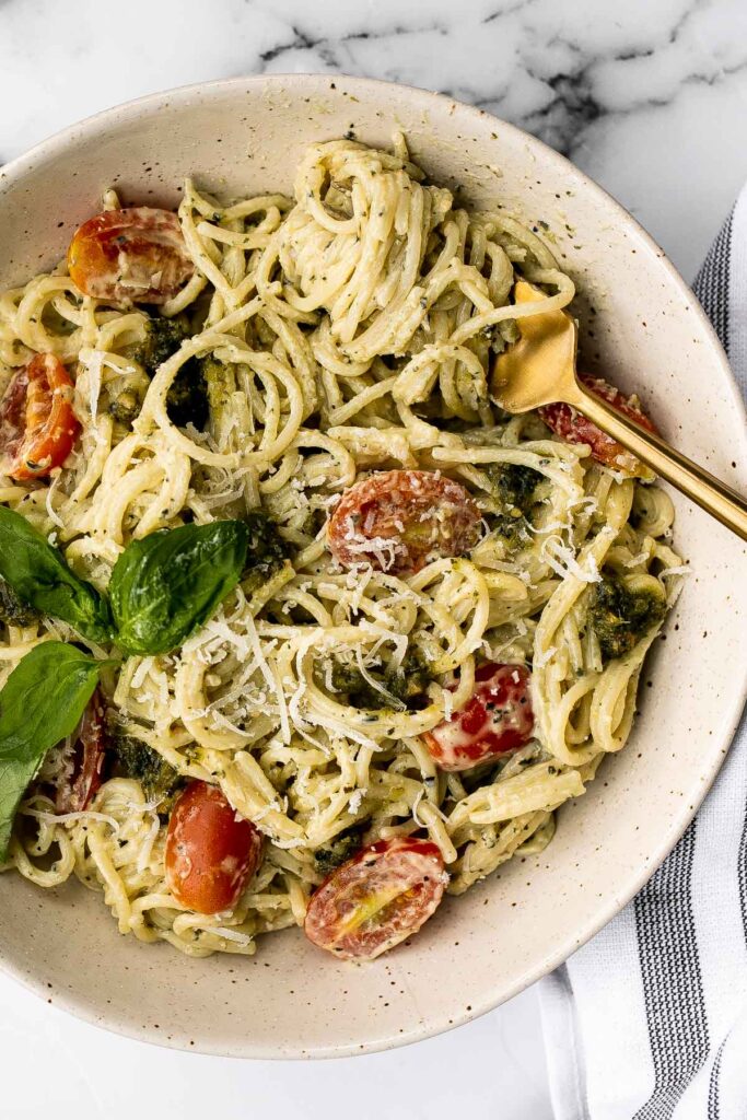 Quick and easy mascarpone pesto pasta is the tastiest creamy pasta dish you’ll ever make in under 15 minutes. It's the best weeknight dinner. | aheadofthyme.com