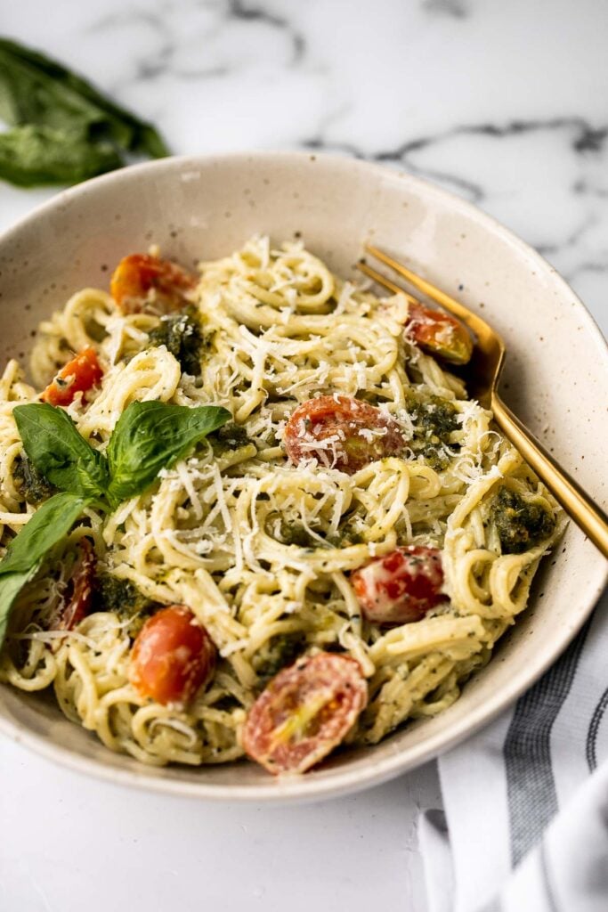 Quick and easy mascarpone pesto pasta is the tastiest creamy pasta dish you’ll ever make in under 15 minutes. It's the best weeknight dinner. | aheadofthyme.com