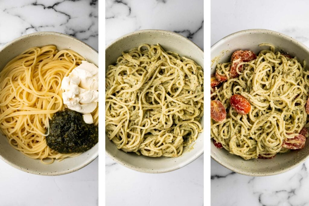 Quick and easy mascarpone pesto pasta is the tastiest creamy pasta dish you’ll ever make in under 15 minutes. It's the best weeknight dinner. | aheadofthyme.com