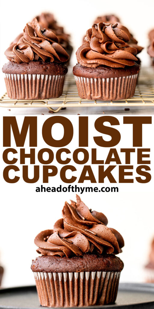 Moist chocolate cupcakes topped with chocolate buttercream frosting and sprinkles, are a chocolate triple threat. They're rich, decadent, sweet, and easy. | aheadofthyme.com