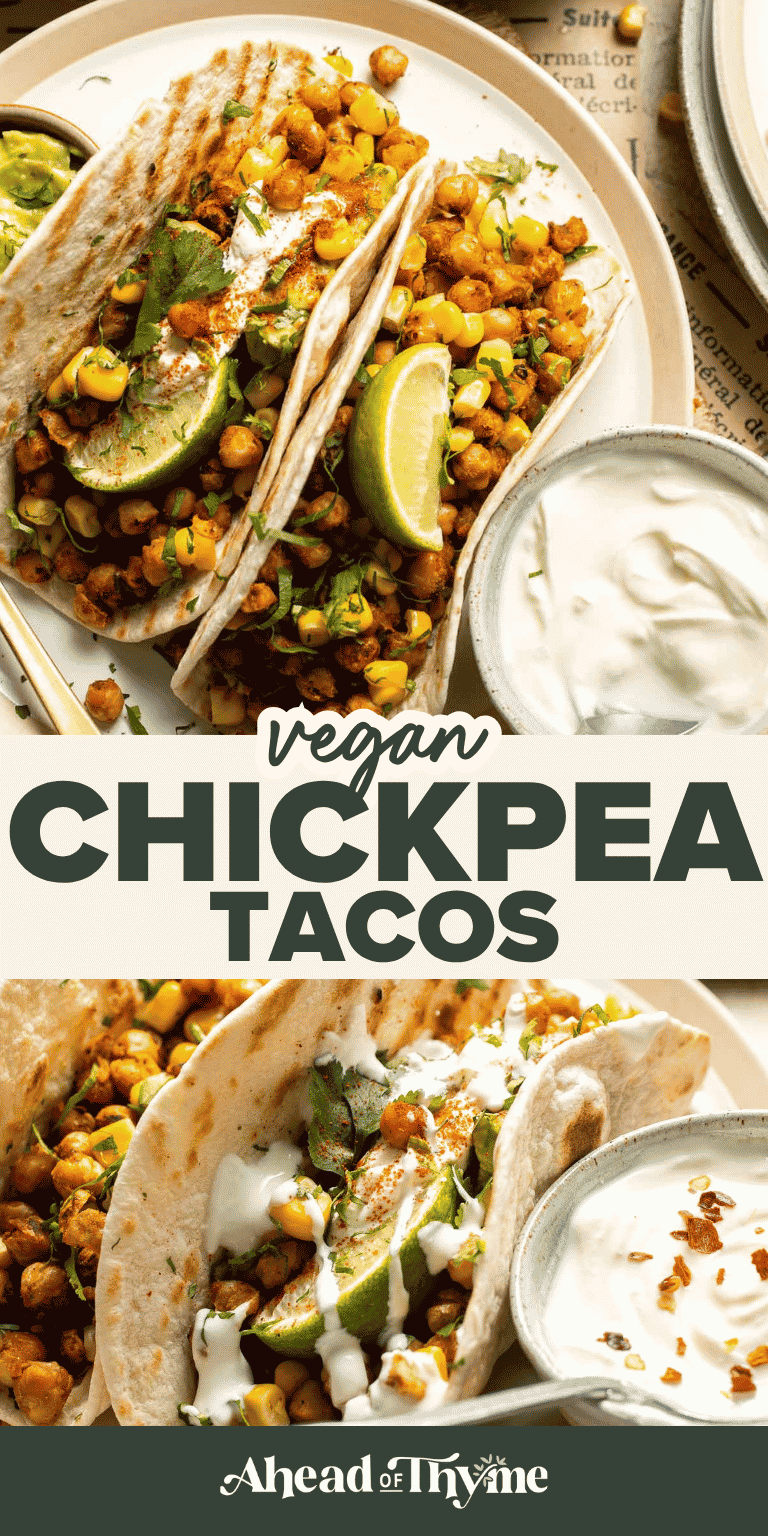 Healthy Vegan Chickpea Tacos made with seasoned chickpeas, guacamole, corn, cilantro, and lime. An easy high-protein plant-based dinner perfect for taco night.