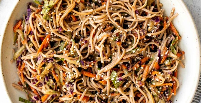 There’s nothing better on a hot day than a cold and refreshing vegan soba noodle salad, tossed with fresh vegetables and a delicious saucy dressing. | aheadofthyme.com
