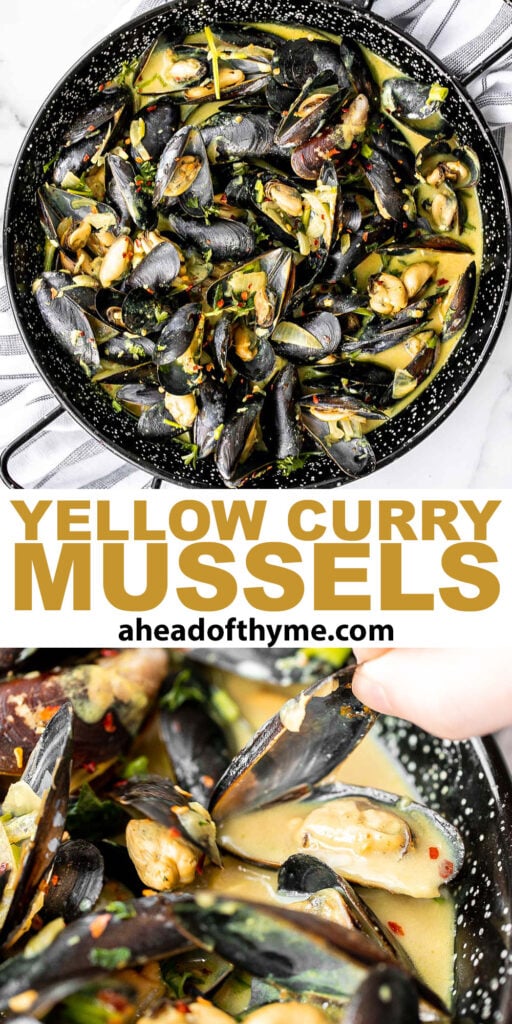 Yellow curry mussels are the epitome of delicious seafood - creamy, spicy, and savory. This flavourful one pot dish is quick + easy to make in 25 minutes. | aheadofthyme.com