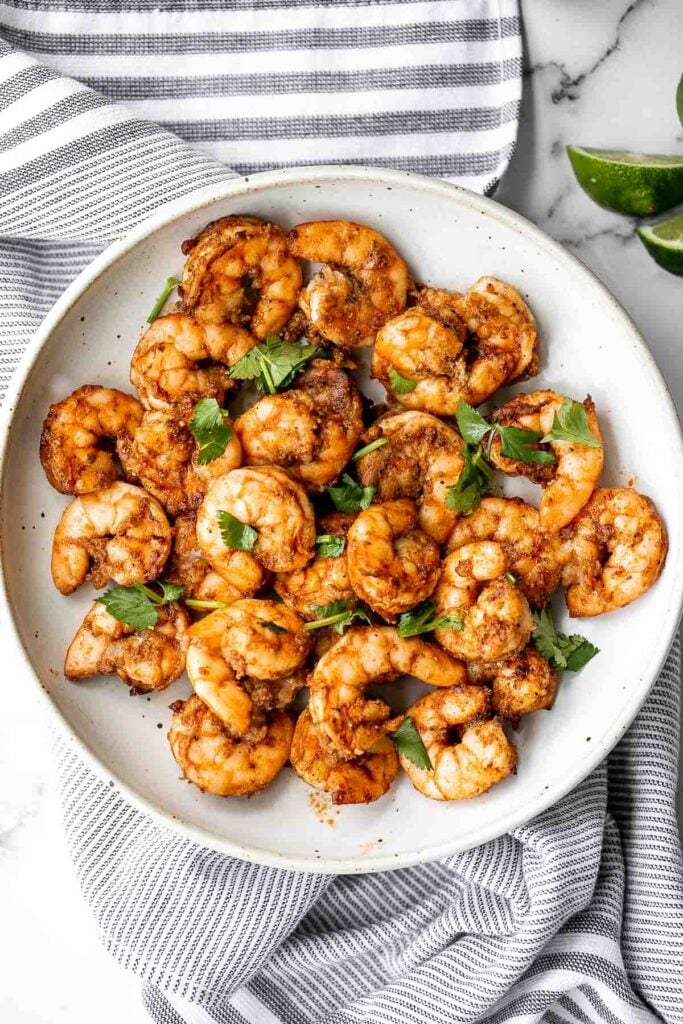 Air fryer Mexican shrimp is juicy, tender, fresh, and delicious. It's packed with classic Mexican flavors and ready in just 10 minutes. So quick and easy. | aheadofthyme.com