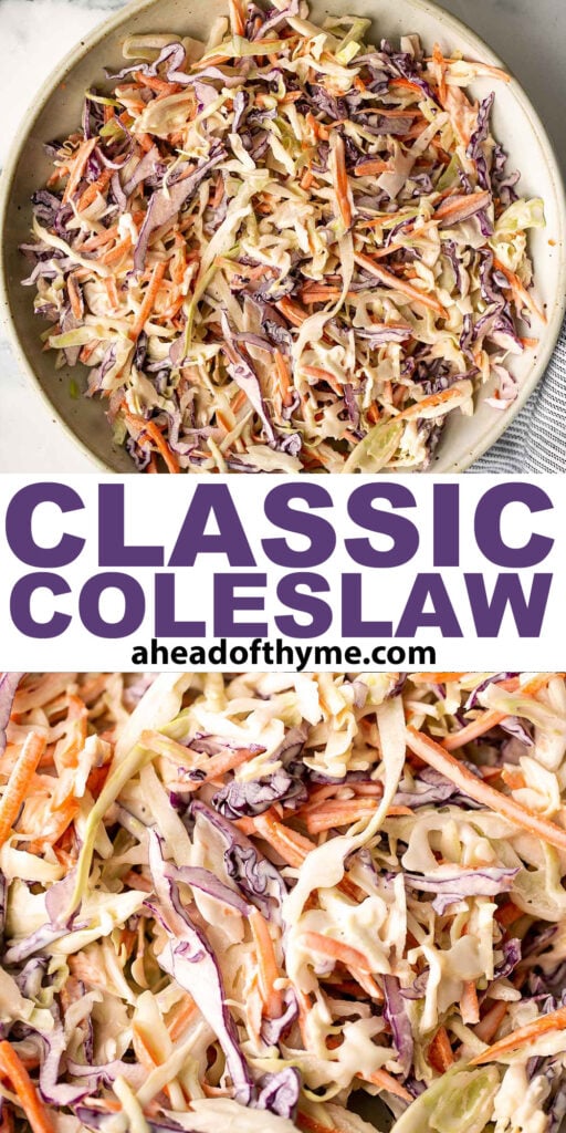 Fresh, crisp, classic coleslaw salad is a must-have recipe for a summer barbecue or picnic, or as an easy make-ahead lunch. Make it in less than 10 minutes. | aheadofthyme.com