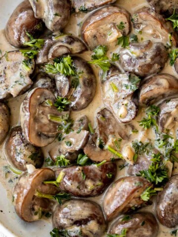 Creamy Garlic Mushrooms with Parmesan are rich, buttery, and ready in 15 minutes. A quick one-pan side dish or pasta topper! | aheadofthyme.com