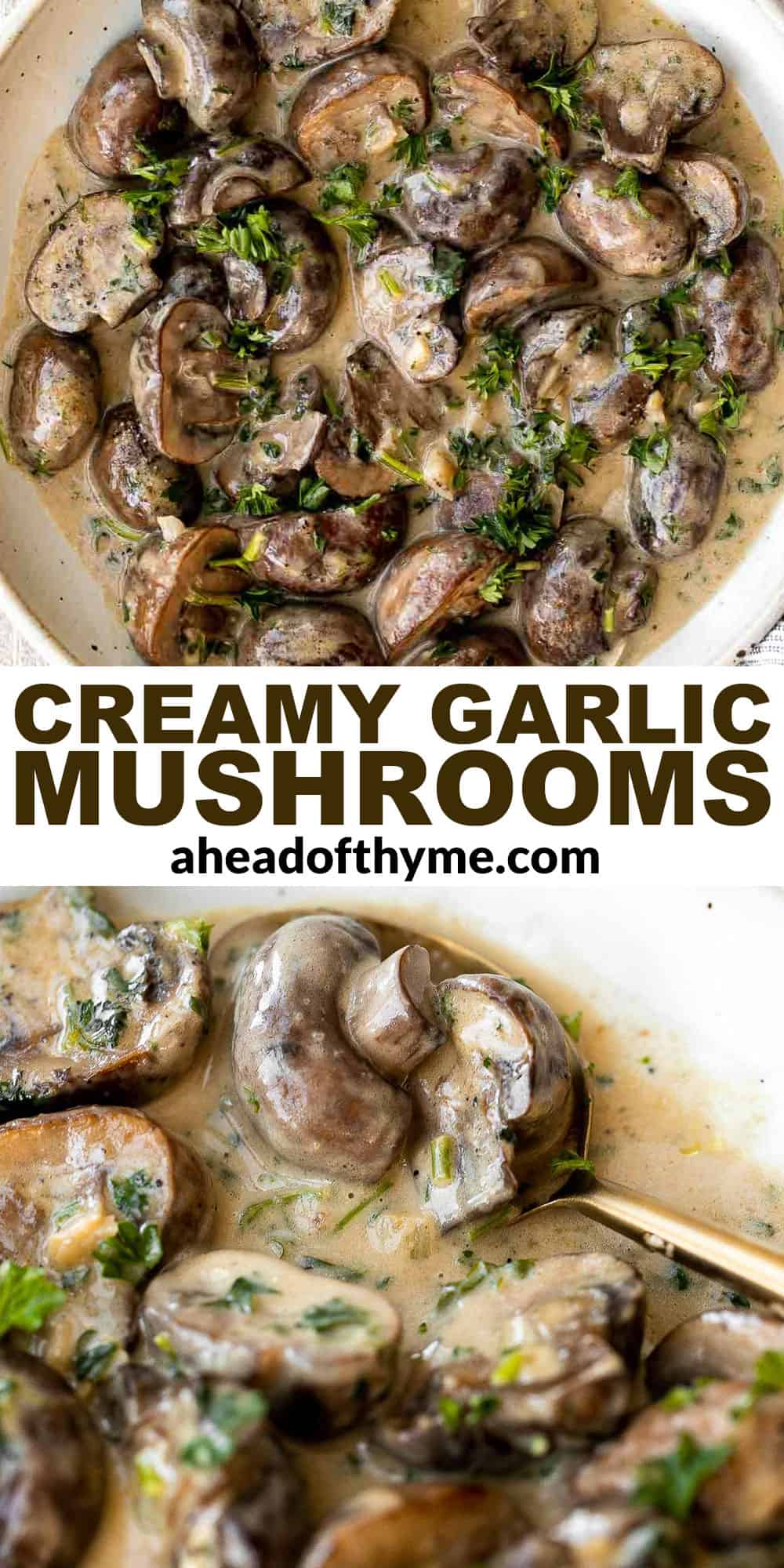 Creamy Garlic Mushrooms with Parmesan are rich, buttery, and ready in 15 minutes. A quick one-pan side dish or pasta topper! | aheadofthyme.com