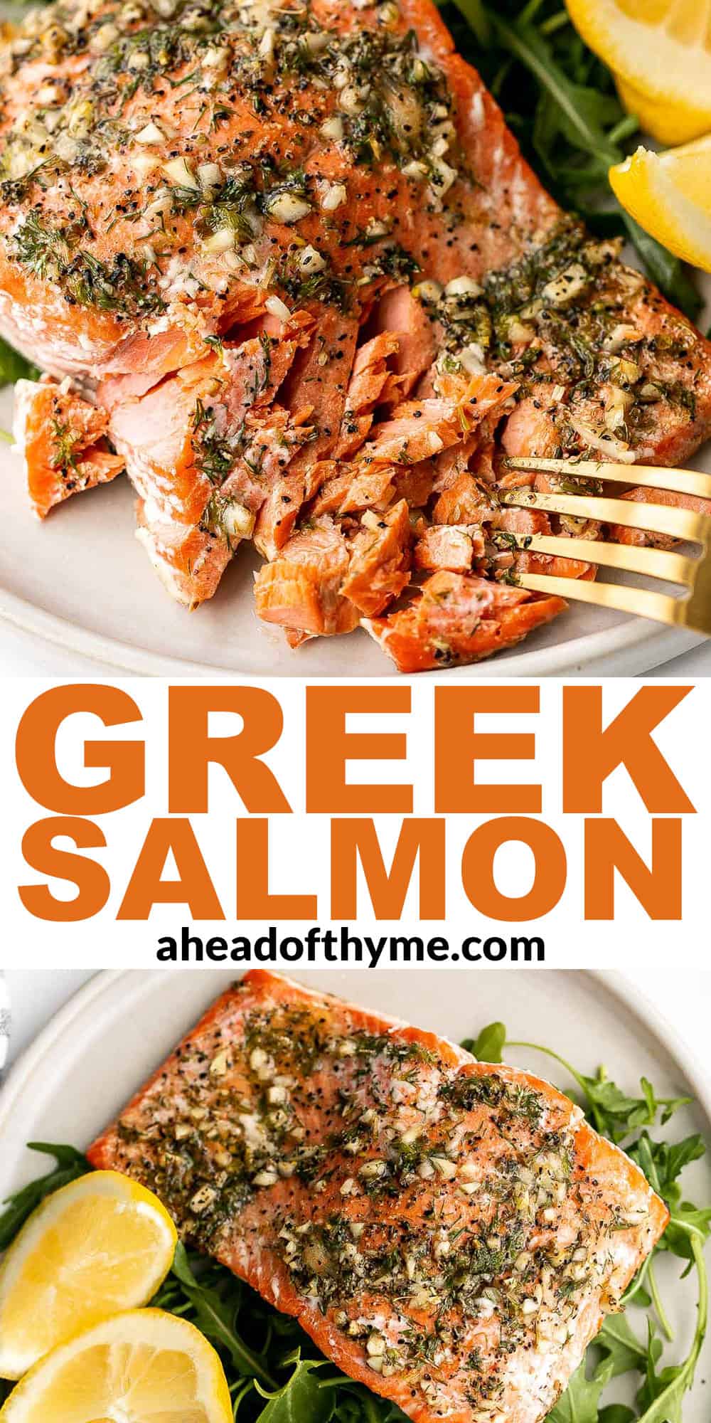 Greek salmon is delicious, flaky, and tender. This healthy oven-baked salmon is packed with Mediterranean flavors and is ready in just 20 minutes. | aheadofthyme.com