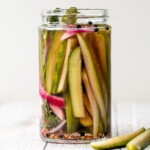 Homemade pickles are easy to make at home in just 5 minutes with no canning required. Plus, they are ready to eat in just 1 to 2 days! | aheadofthyme.com