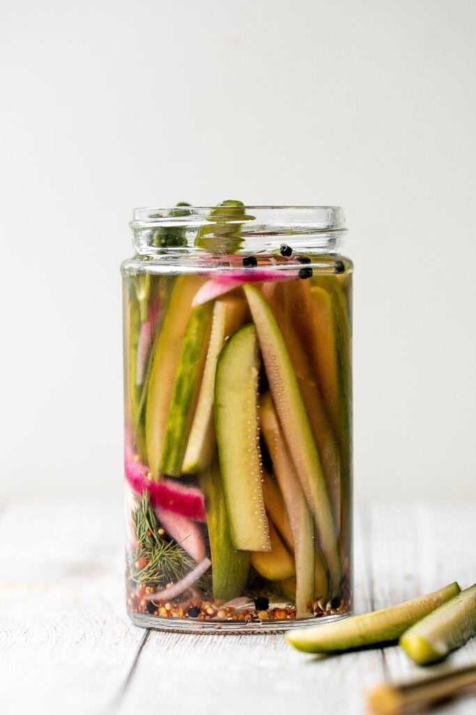 Homemade pickles are easy to make at home in just 5 minutes with no canning required. Plus, they are ready to eat in just 1 to 2 days! | aheadofthyme.com