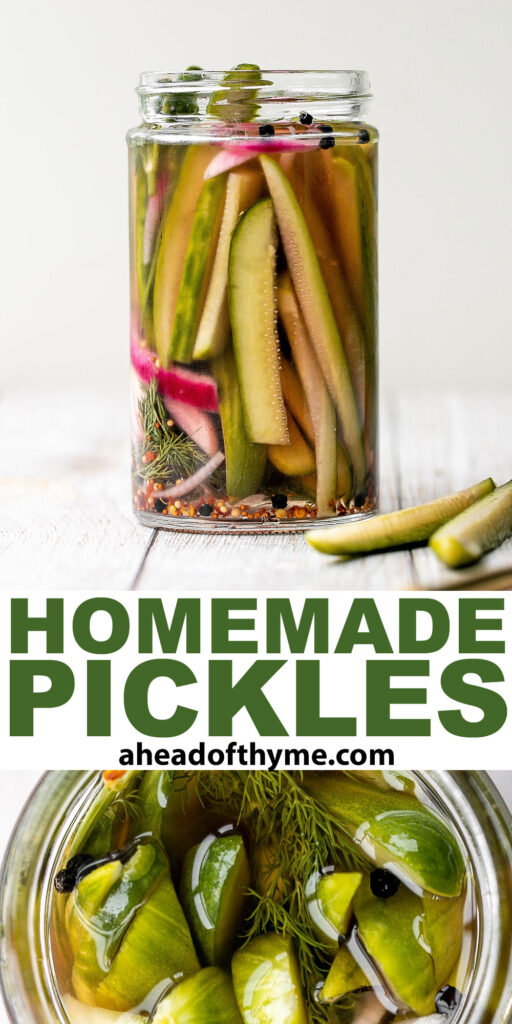 Homemade pickles are easy to make at home in just 5 minutes with no canning required. Plus, they are ready to eat in just 1 to 2 days! | aheadofthyme.com
