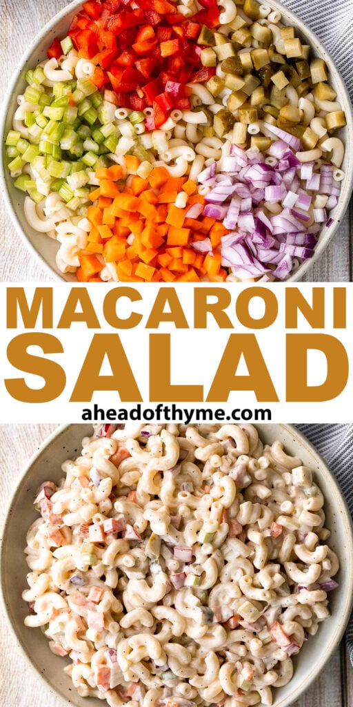 Classic macaroni salad is a creamy and delicious pasta salad that is easy to throw together. It's the perfect side to bring to a summer potluck or BBQ. | aheadofthyme.com