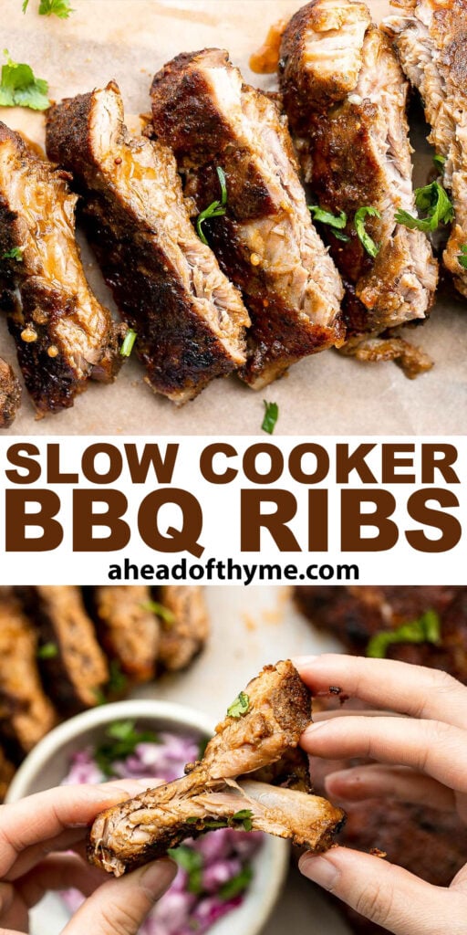 Slow cooker BBQ ribs are juicy, saucy, and tender -- the meat literally falls right off the bone. Add this easy recipe to your list of crockpot recipes. | aheadofthyme.com