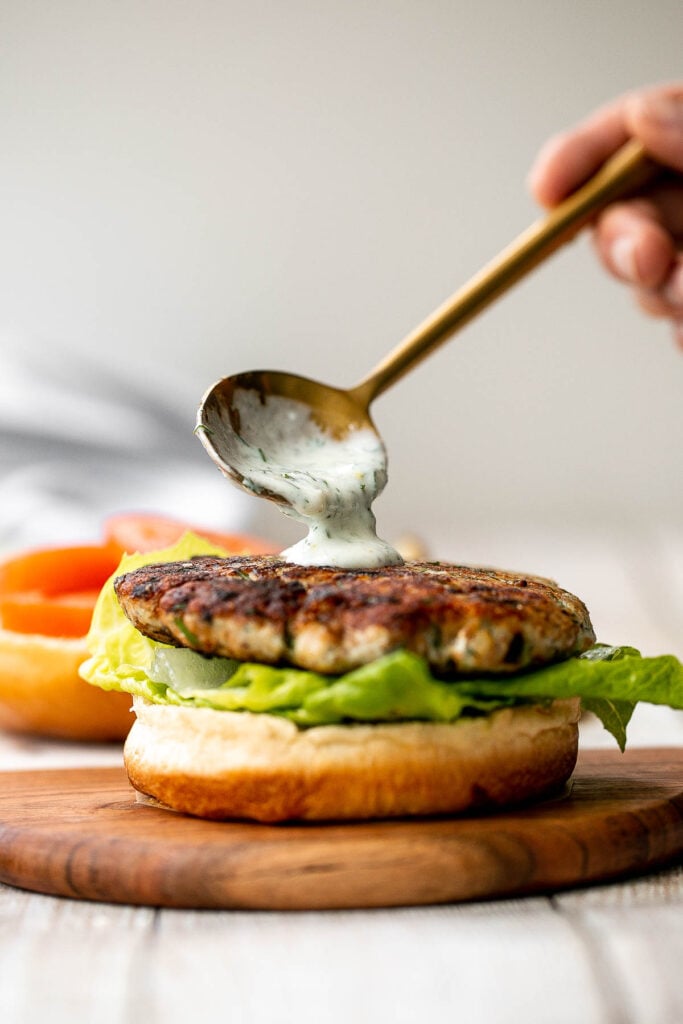 Mediterranean turkey burgers are tender, juicy, and delicious, loaded with garlic, fresh dill, and lemon juice. The perfect summer weeknight meal. | aheadofthyme.com
