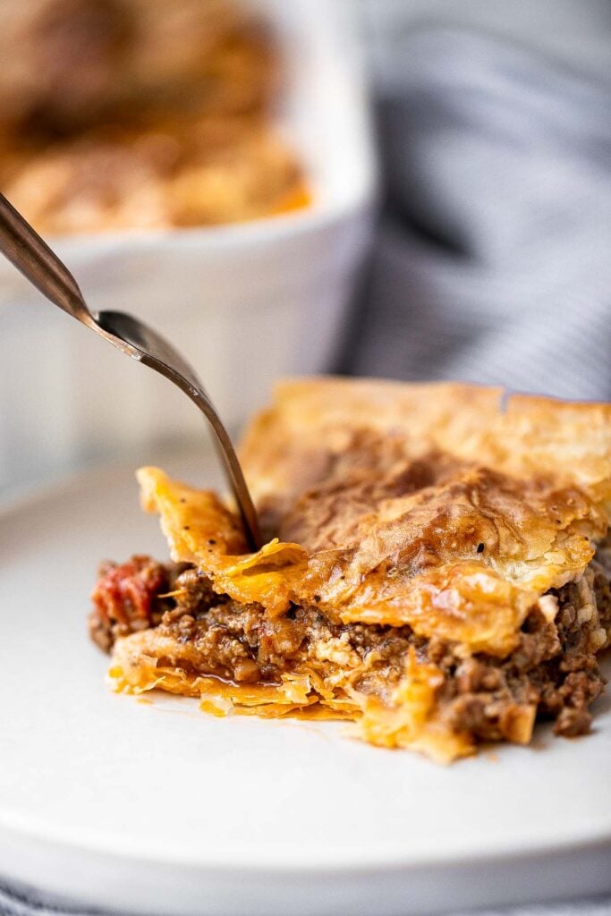 Phyllo meat pie (Egyptian goulash) is a savory pie made of well-seasoned ground beef that lies between layers of flaky, crispy, golden phyllo pastry dough. | getridtalk.com