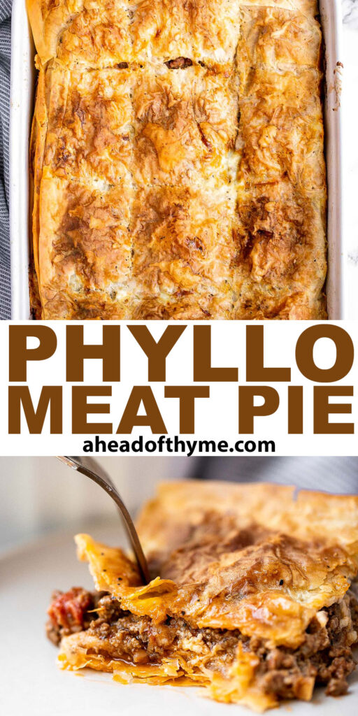 Phyllo meat pie (Egyptian goulash) is a savory pie made of well-seasoned ground beef that lies between layers of flaky, crispy, golden phyllo pastry dough. | aheadofthyme.com