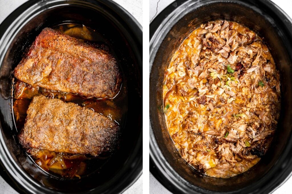 Crispy, shredded slow cooker carnitas (pulled pork) are a Mexican favorite that you can make at home. Packed with flavor, easy to make, and minimal dishes. | aheadofthyme.com